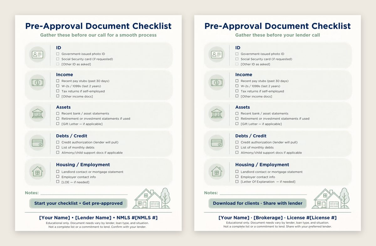 The free Pre-Approval Document Checklist: Loan Officer version and Realtor version